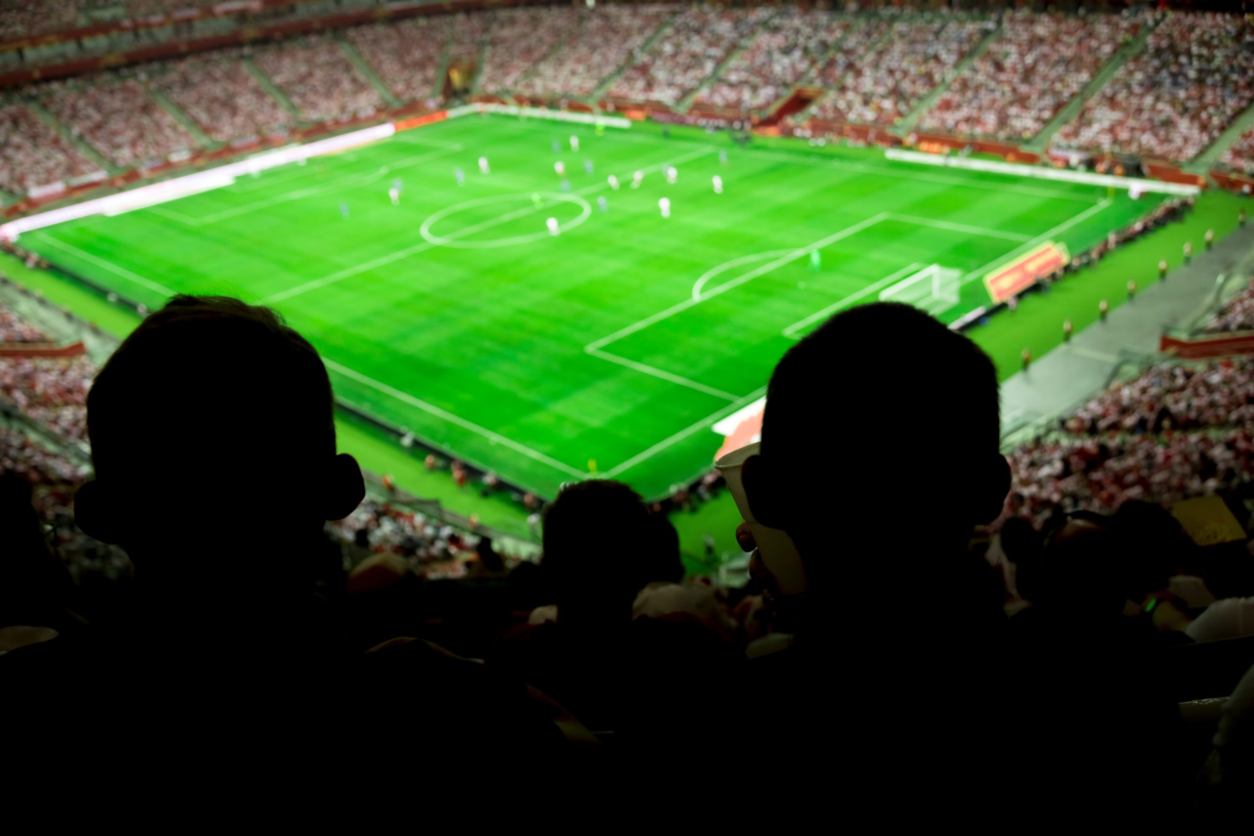 Fans watching soccer (football) game match in sports stadium, used for Expedia's Fan Travel Outlook