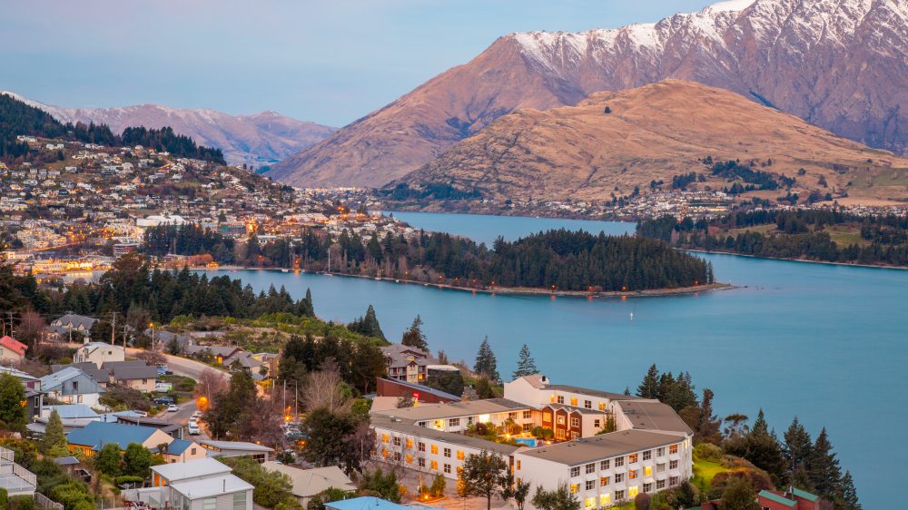 Aerial view of the skyline and landscape of Queenstown